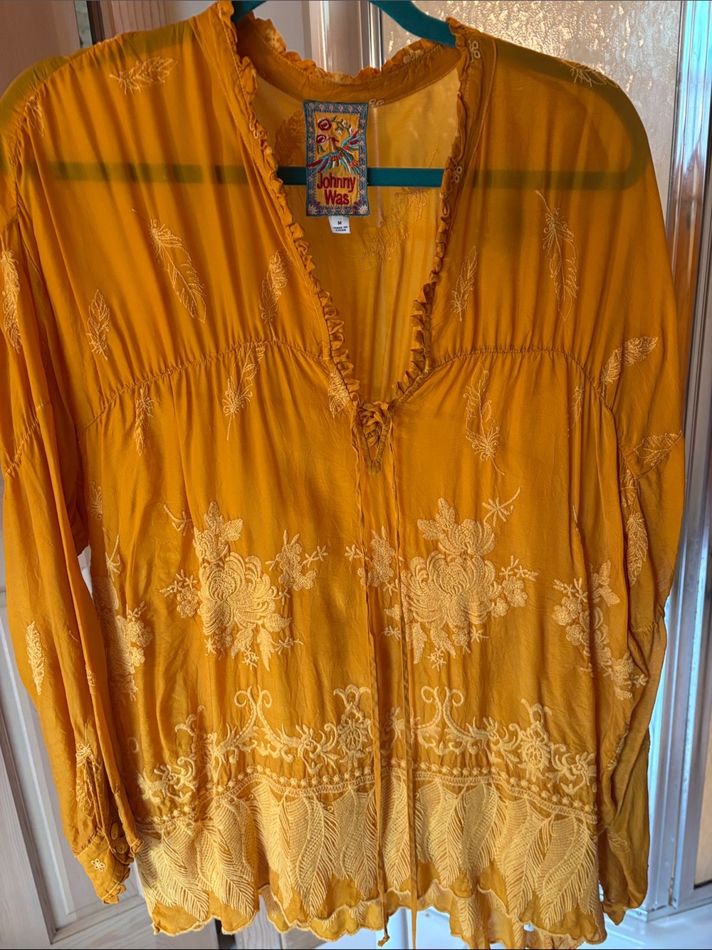 Johnny Was Mustard Yellow Embroidered Peasant Blouse